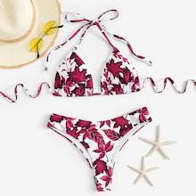 Romwe Random Leaf Halter Top With Cheeky Bikini Set