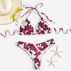 Romwe Random Leaf Halter Top With Cheeky Bikini Set