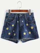 Romwe Dark Blue Flower Embroidered Denim Shorts