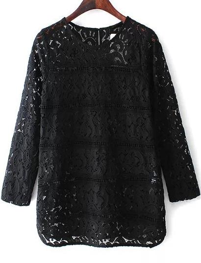 Romwe Black Long Sleeve Hollow Lace Loose Blouse