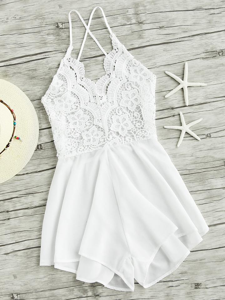 Romwe Lace Panel Criss Cross Backless Romper