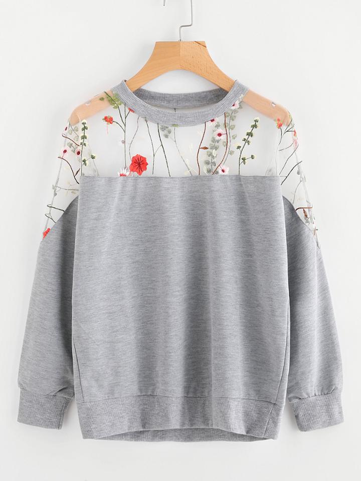 Romwe Embroidery Mesh Paneled Marled Sweatshirt