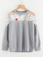 Romwe Embroidery Mesh Paneled Marled Sweatshirt