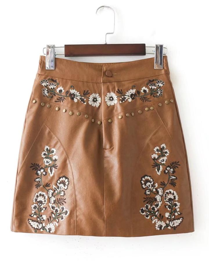 Romwe Studded Detail Embroidery Pu Skirt