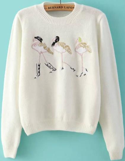 Romwe Crane Embroidered Crop Knit White Sweater