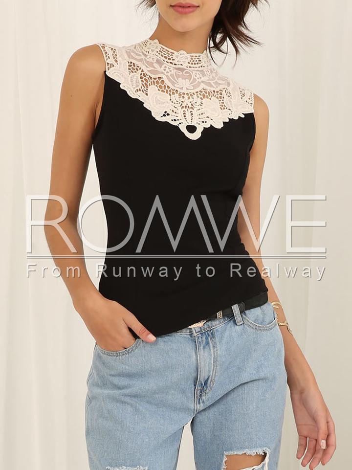 Romwe Black Sleeveless Contrast Crochet Lace Top