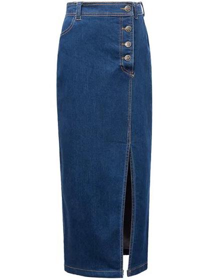 Romwe Split Denim Skirt With Single Breasted