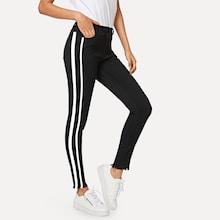 Romwe Contrast Striped Raw Hem Skinny Jeans