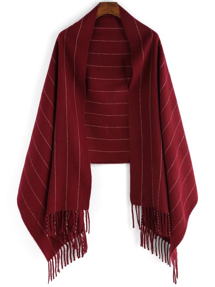 Romwe Striped Fringe Maroon Scarf