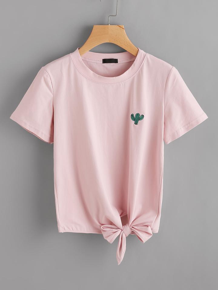 Romwe Cactus Embroidered Knot Side Tee