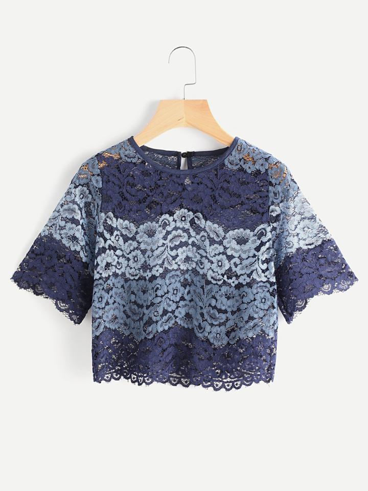 Romwe Hollow Out Keyhole Back Contrast Lace Blouse