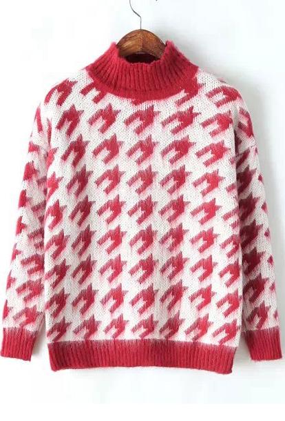 Romwe Stand Collar Houndstooth Knit Red Sweater