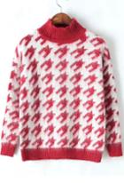 Romwe Stand Collar Houndstooth Knit Red Sweater