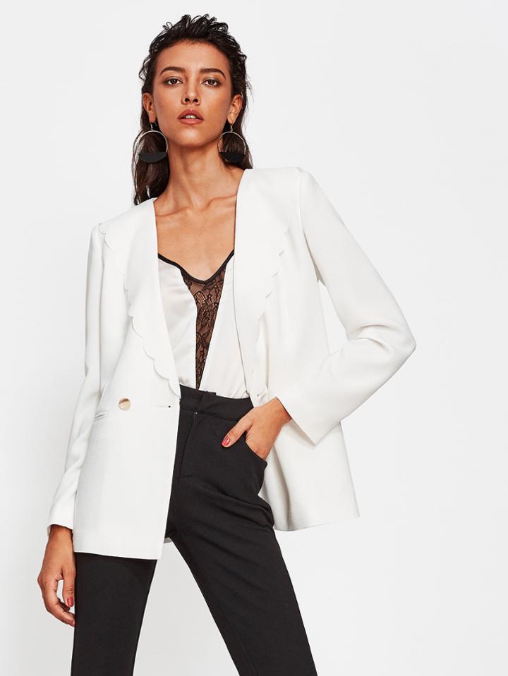 Romwe Scallop Neck Welt Pocket Front Tailored Blazer