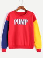 Romwe Red Letter Print Drop Shoulder Contrast Sleeve Sweatshirt