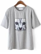 Romwe Cat Patch Embroidered Grey T-shirt
