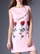 Romwe Pink Round Neck Sleeveless Print Sequined Dress