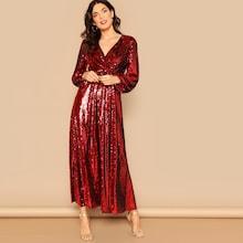 Romwe Wrap Front Lantern Sleeve Sequin Dress