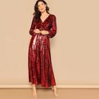 Romwe Wrap Front Lantern Sleeve Sequin Dress