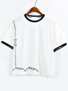 Romwe Contrast Trim Embroidered T-shirt - White