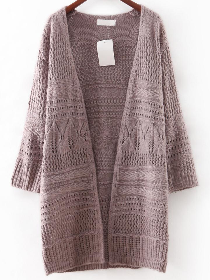 Romwe Coffee Hollow Plain Long Sweater