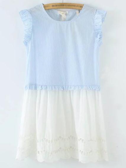 Romwe Blue And White Tie Back Hollow Dress