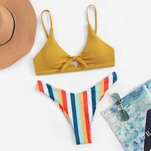 Romwe Ribbed Top With Random Striped High Leg Bikini