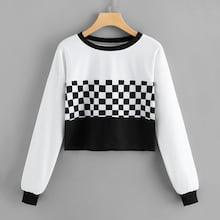 Romwe Checkerboard Panel Crop Sweatshirt