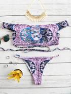 Romwe Pink Tribal Print Off The Shoulder Criss Cross Bikini Set