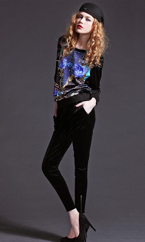 Romwe Rose Chain Print Loose Sweatshirt With Pant