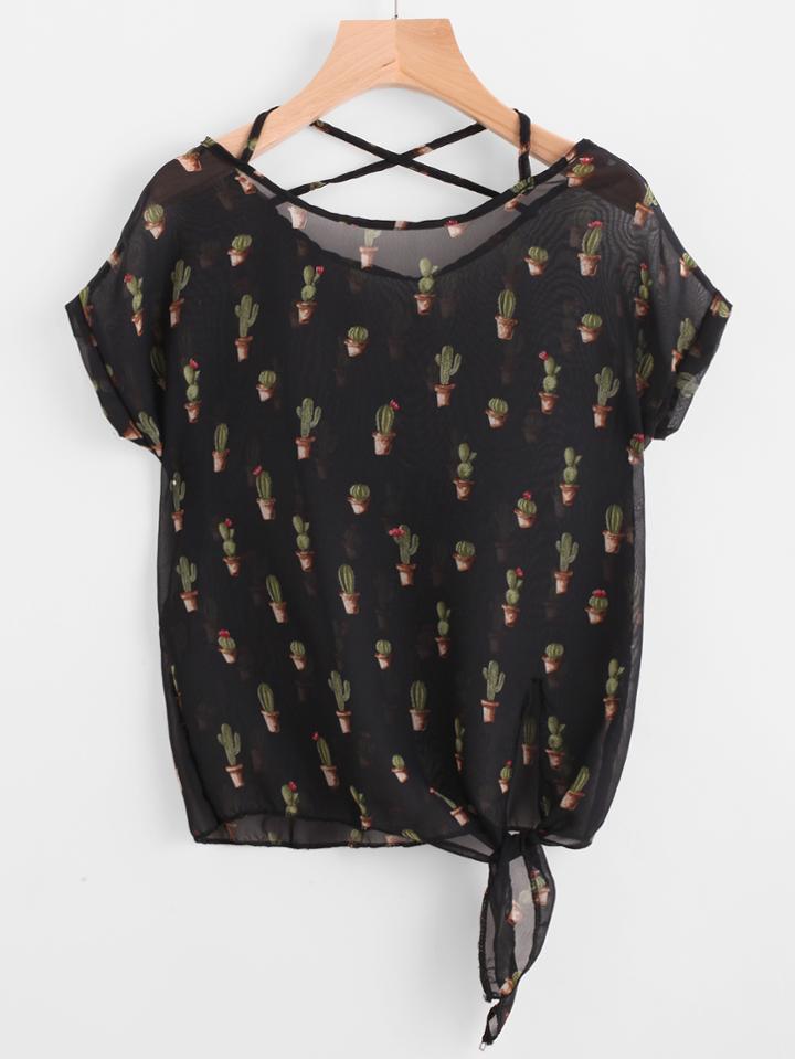 Romwe Cactus Print Crisscross Back Knot Side Chiffon Top