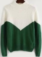 Romwe Mock Neck Mohair Green White Sweater