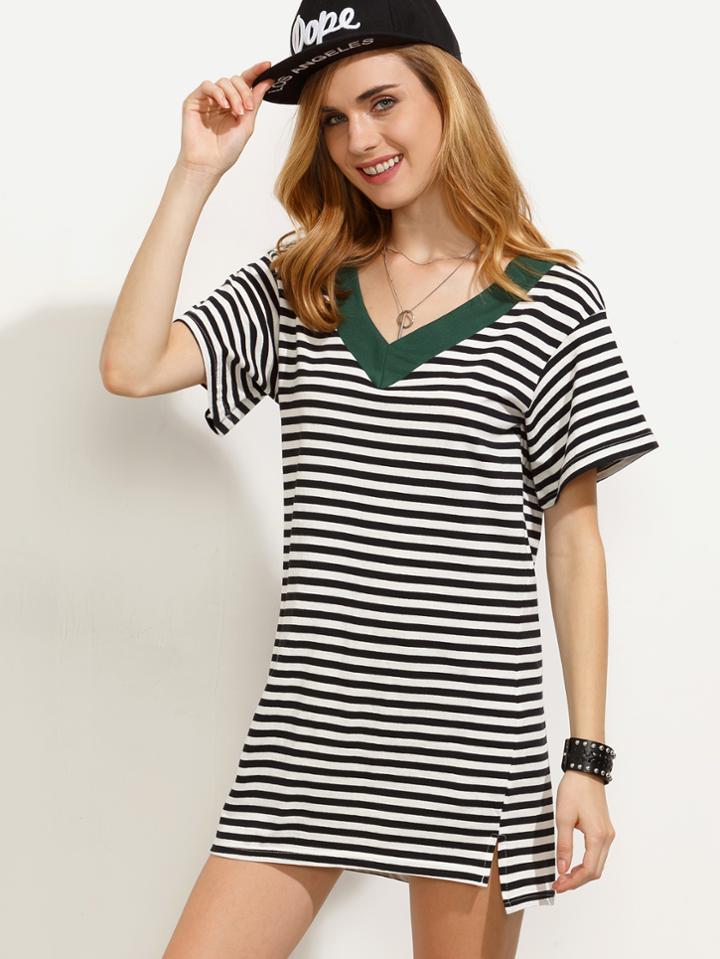 Romwe Contrast Trimmed Striped Dip Hem Dress