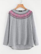 Romwe Tribal Embroidered High Low Heathered T-shirt