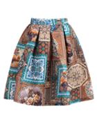 Romwe With Zipper Vintage Print Flare Skirt