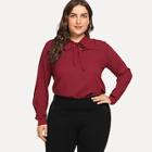 Romwe Plus Tie Neck Solid Blouse