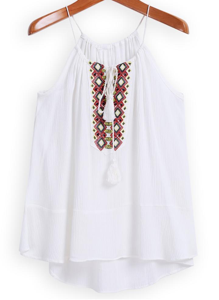 Romwe Spaghetti Strap Embroidered Lace Up Cami Top