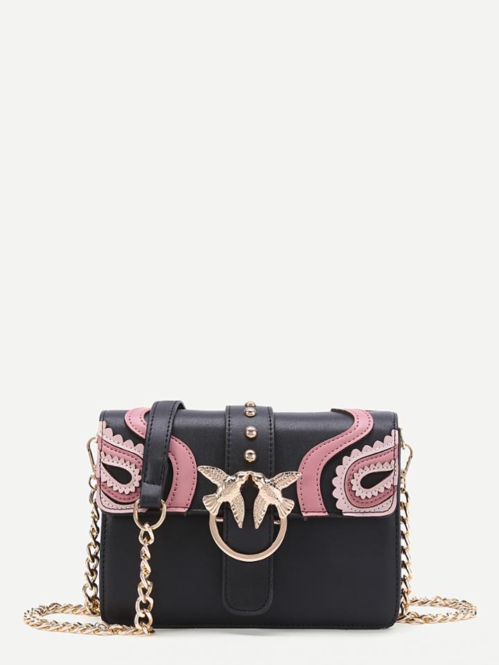Romwe Double Bird Buckle Scalloped Detail Crossbody Bag