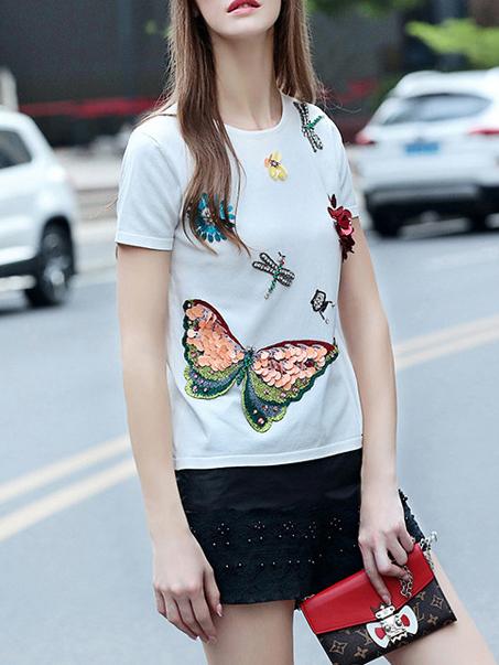 Romwe White Flowers Applique Beading Sequined Knit Sweatshirt
