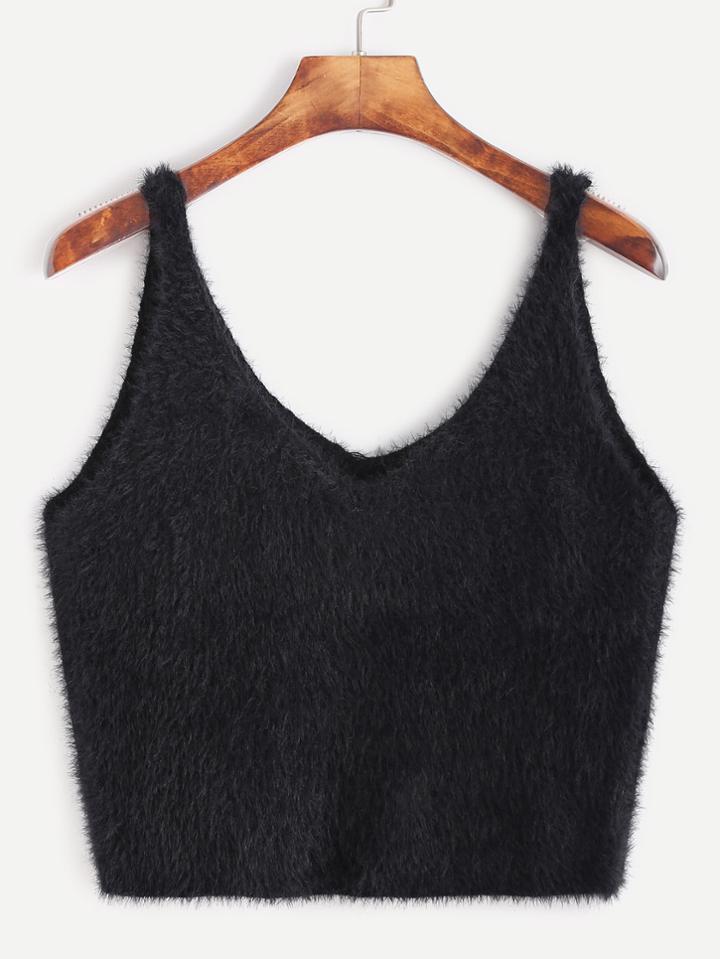 Romwe Black V Neck Crop Mohair Tank Top