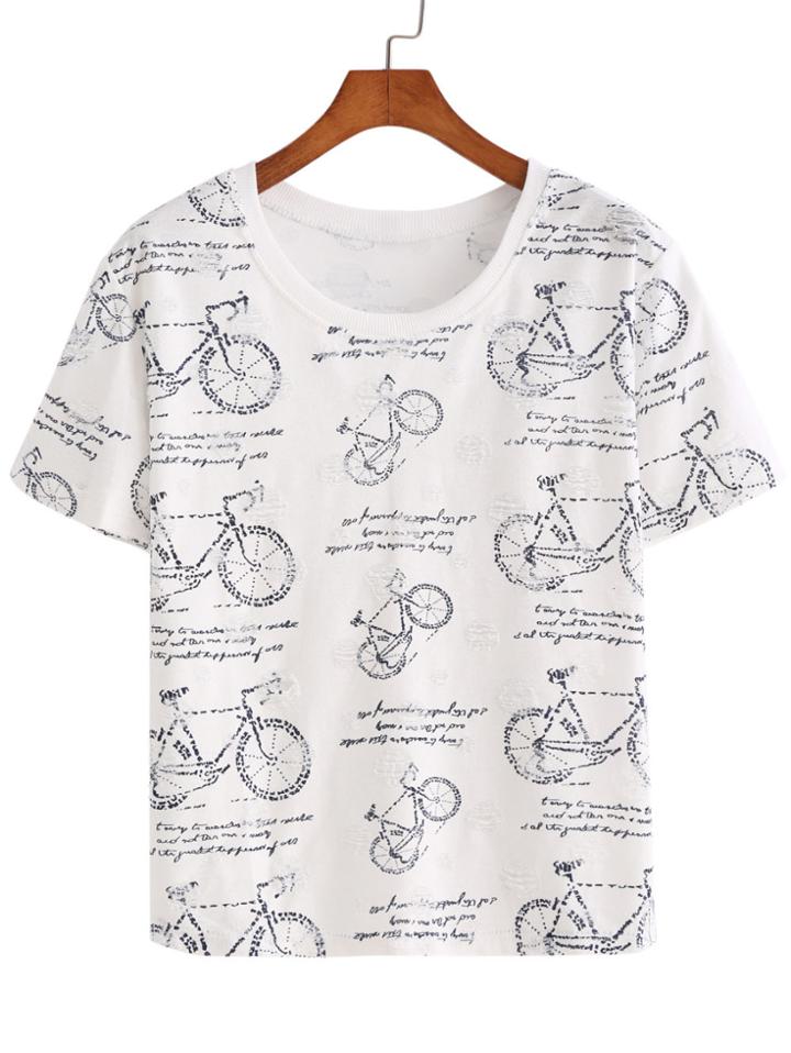 Romwe Bicycle Print Ripped T-shirt