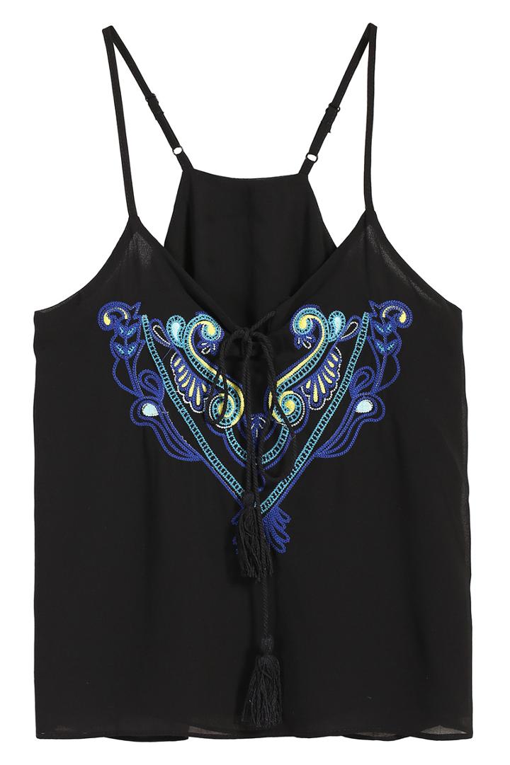 Romwe Spaghetti Strap Embroidered Bandage Black Vest