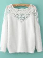 Romwe Lace Paneled Mohair White Sweater