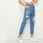 Romwe Flap Pocket Ripped Detail Belted Jeans