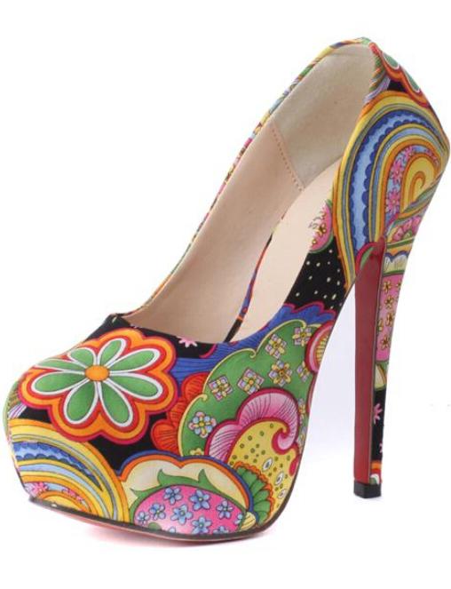 Romwe Black Platform Tribal Print High Heeled Pumps