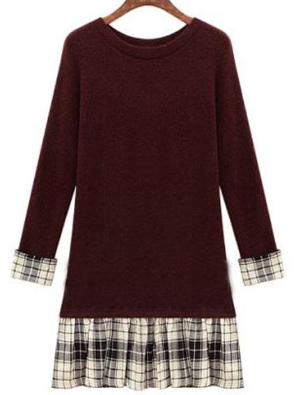 Romwe Long Sleeve Plaid Peplum Hem Wine Red Dress