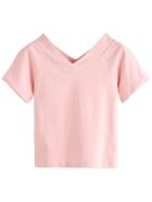 Romwe Pink Double V Neck Crop T-shirt