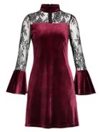 Romwe Contrast Lace Flounce Sleeve Velvet Dress