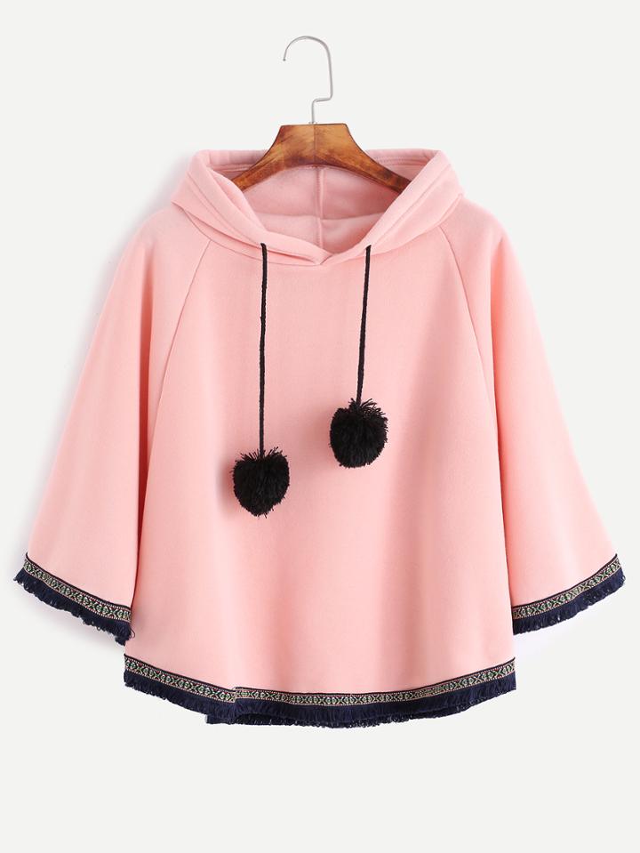 Romwe Pink Fringe Embroidered Tape Hem Pom-pom Hooded Poncho Coat