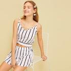 Romwe Striped Knot Back Cami Top With Shorts